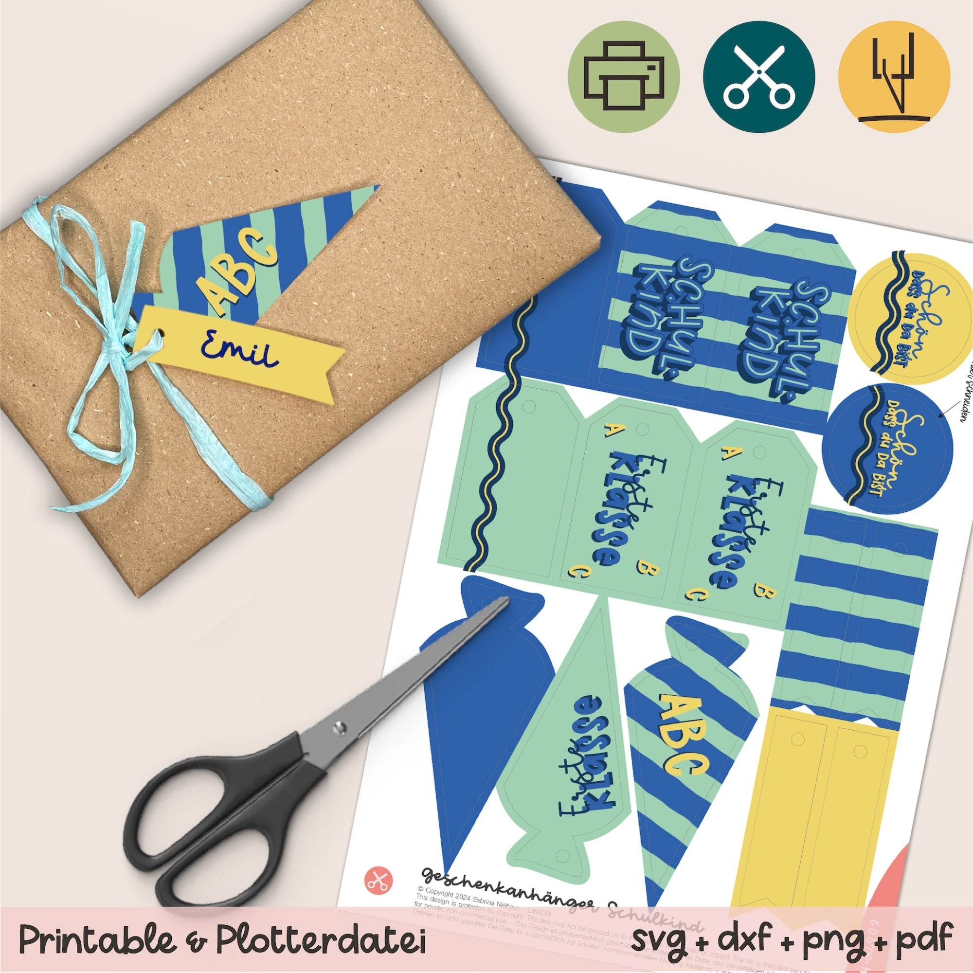 Geschenkanhänger Schulkind / 1. Klasse blau - Printable (Schere oder Plotter) - Sewando
