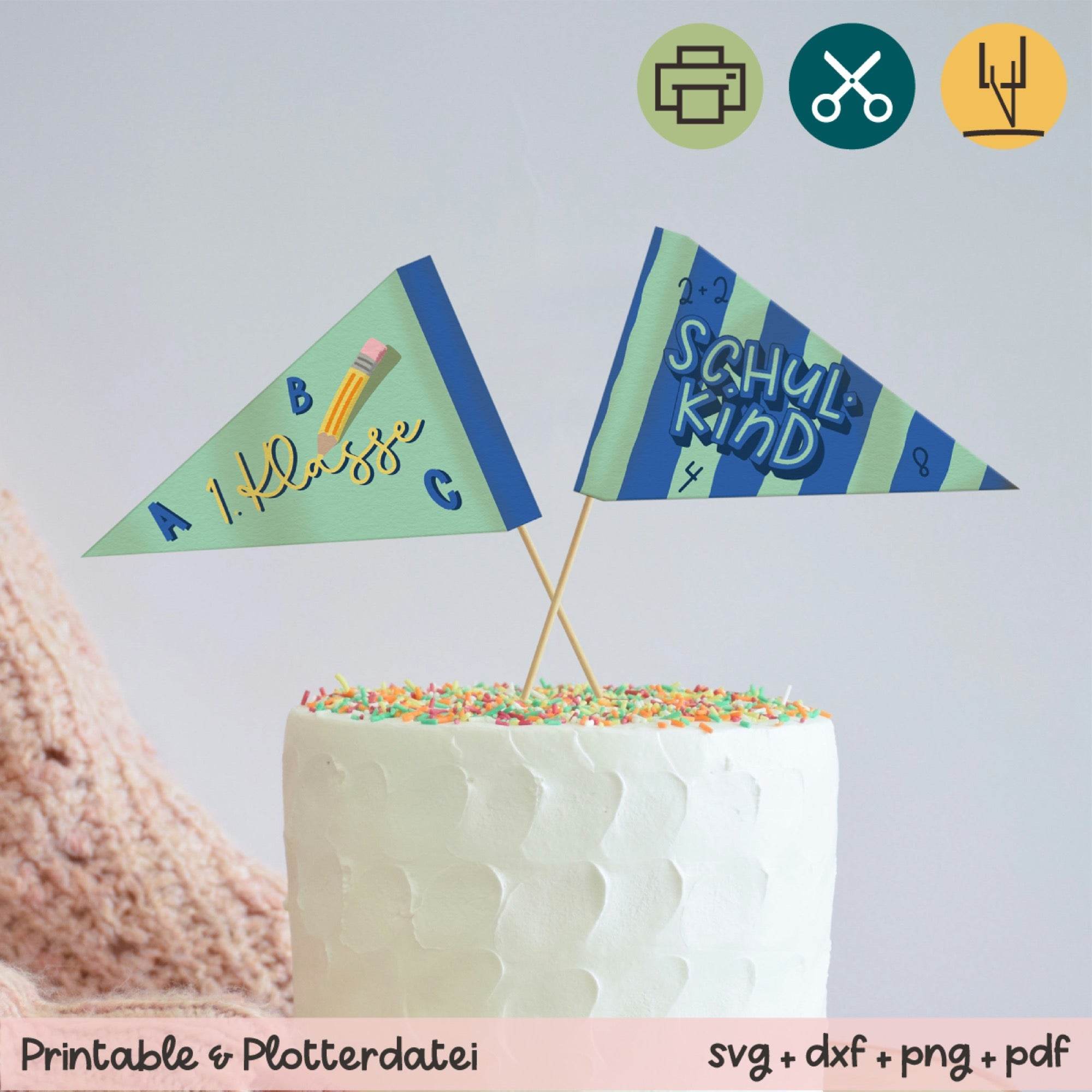 Deko Fähnchen 1. Klasse und Schulkind blau - Printable - Sewando