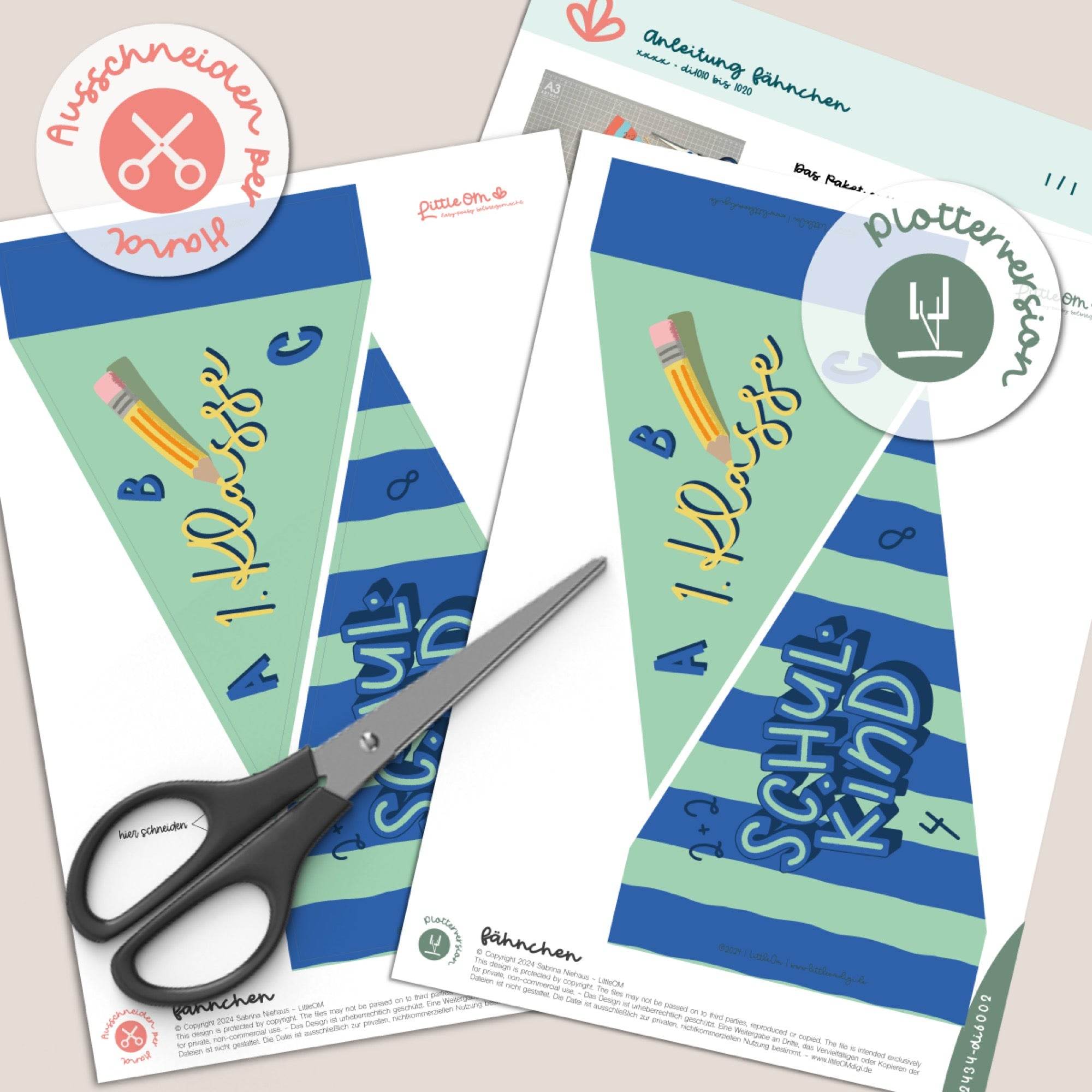 Deko Fähnchen 1. Klasse und Schulkind blau - Printable - Sewando