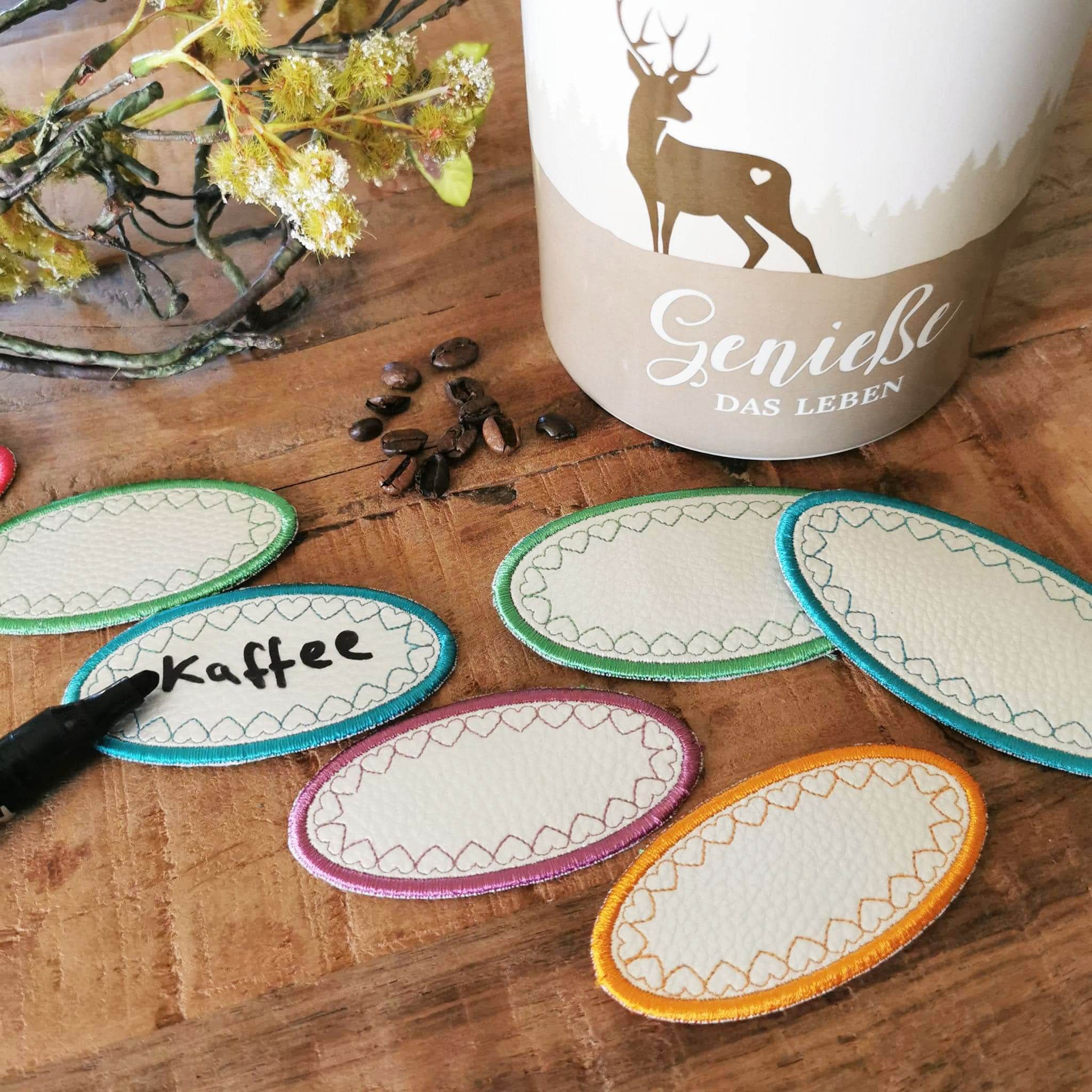 12x Stickdatei beschreibbare Aufkleber Herzen - Sewando