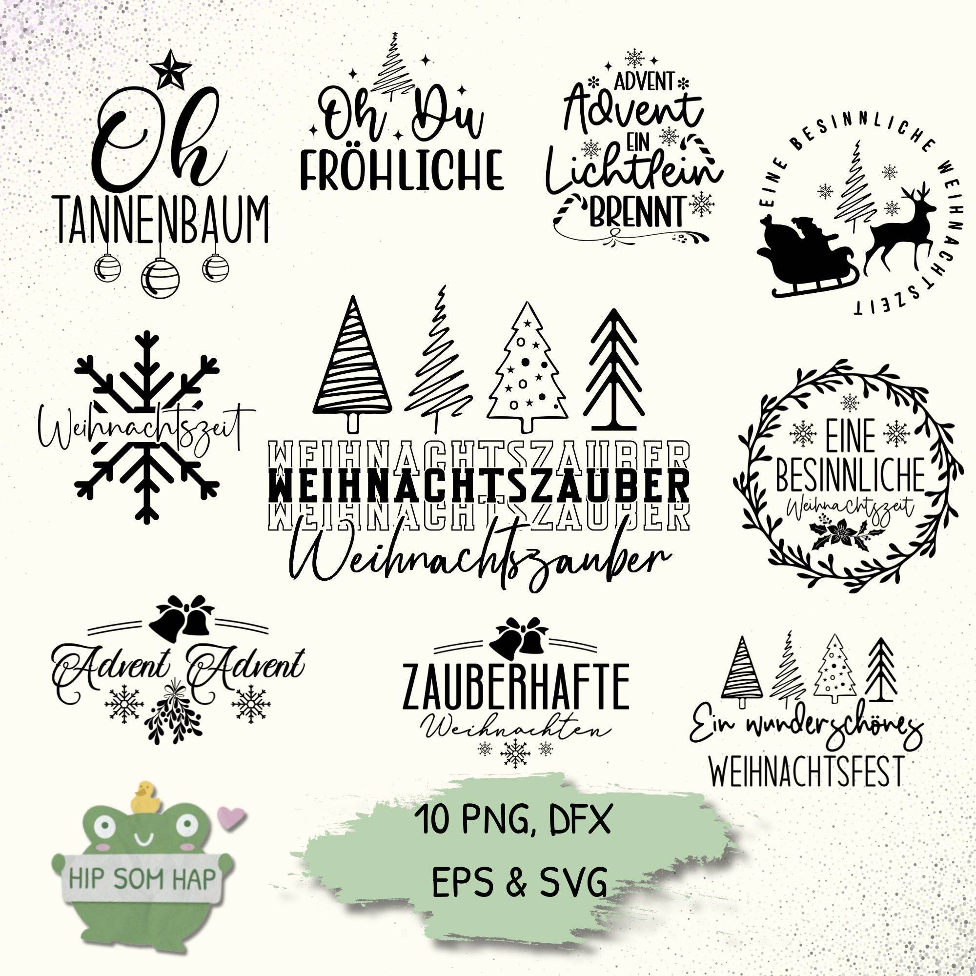 Weihnachts-Plotterdateien Set mit 10 festlichen Schriftzügen und Motiven wie Oh Tannenbaum, Weihnachtszauber, Advent und Schneeflocken. Enthalten sind PNG, DXF, EPS und SVG Dateien – ideal für Cricut, Silhouette und DIY-Projekte.