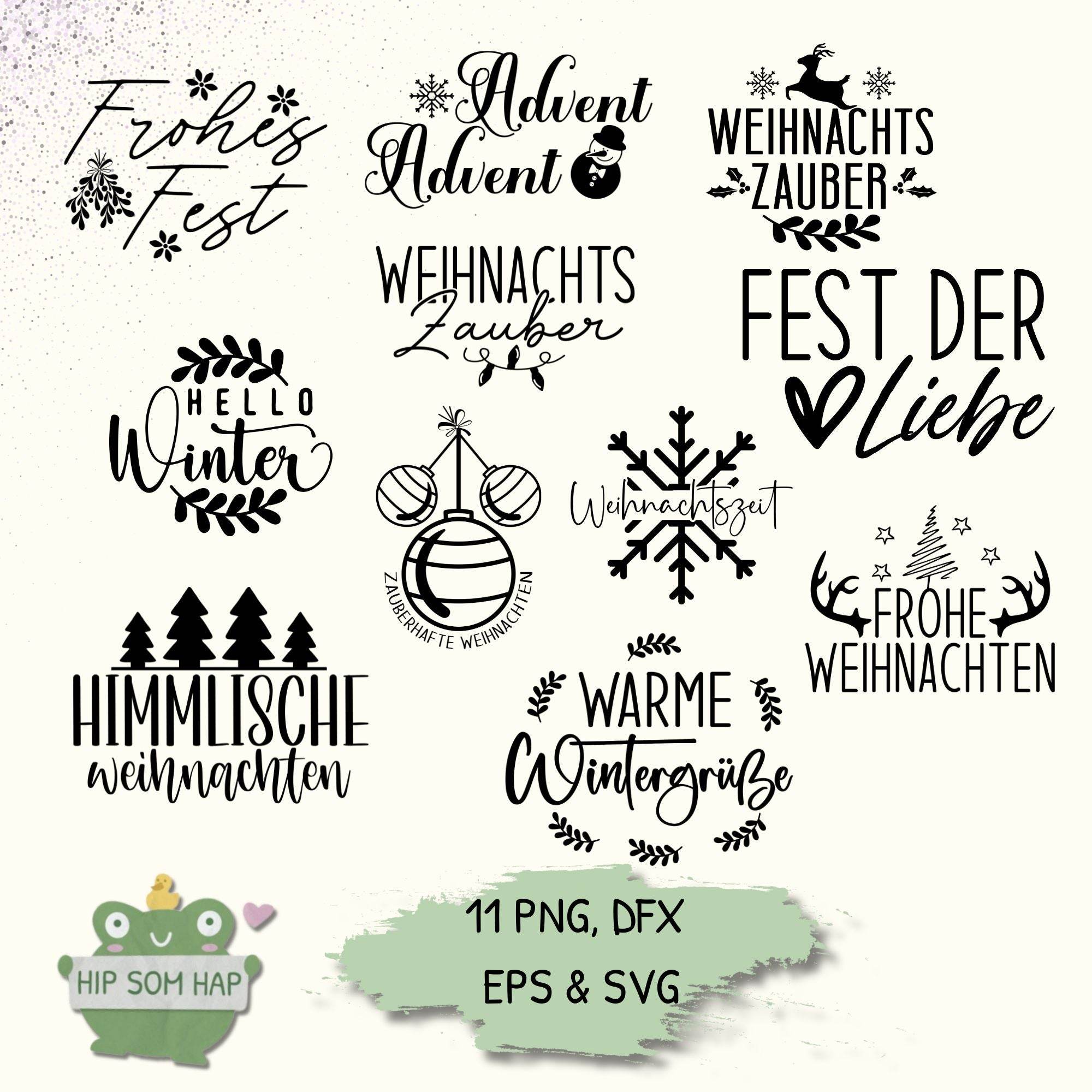 Weihnachts-Plotterdateien Set mit 11 festlichen Schriftzügen wie Frohes Fest, Weihnachtszauber, Fest der Liebe und Frohe Weihnachten. Enthalten sind PNG, DXF, EPS und SVG Dateien – ideal für Cricut, Silhouette und DIY-Projekte.