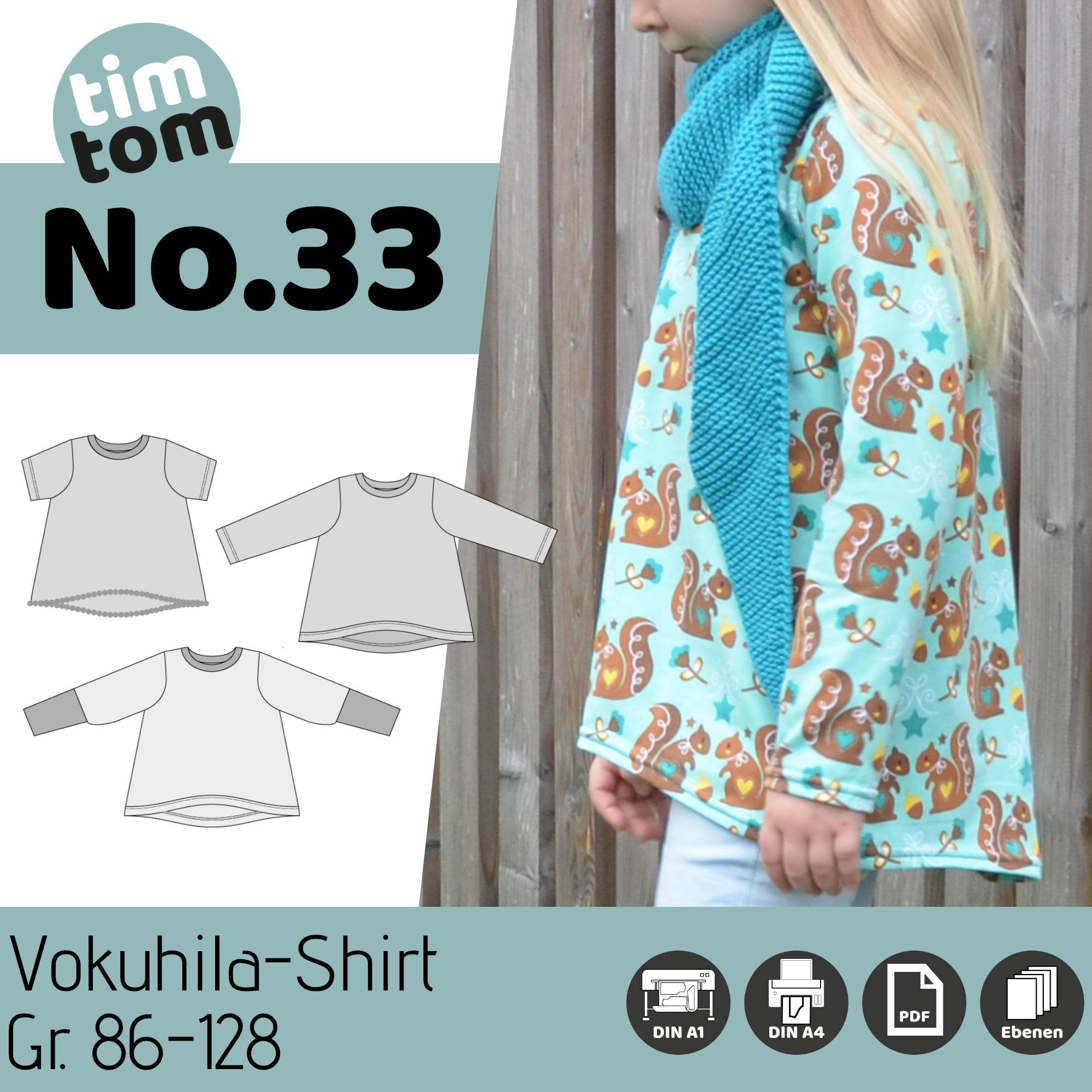 Schnittmuster timtom No.33 Shirt mit Vokuhila-Saum und optionalen Strick- oder Häkeldetails Gr.86-128 - Sewando