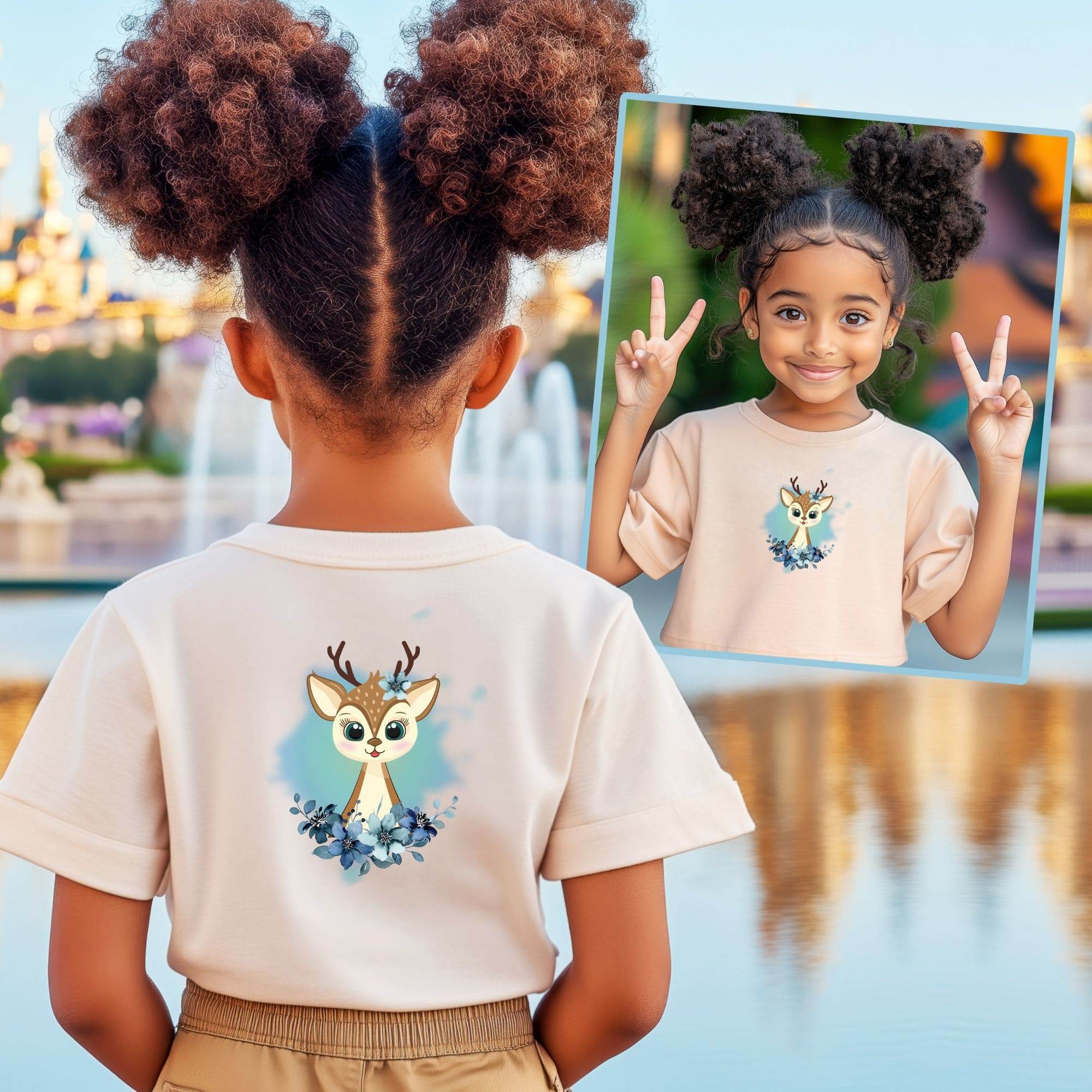 Niedliches Rehkitz mit blauen Blumen – Bügelbild für Kinderkleidung & DIY-Geschenke - Sewando