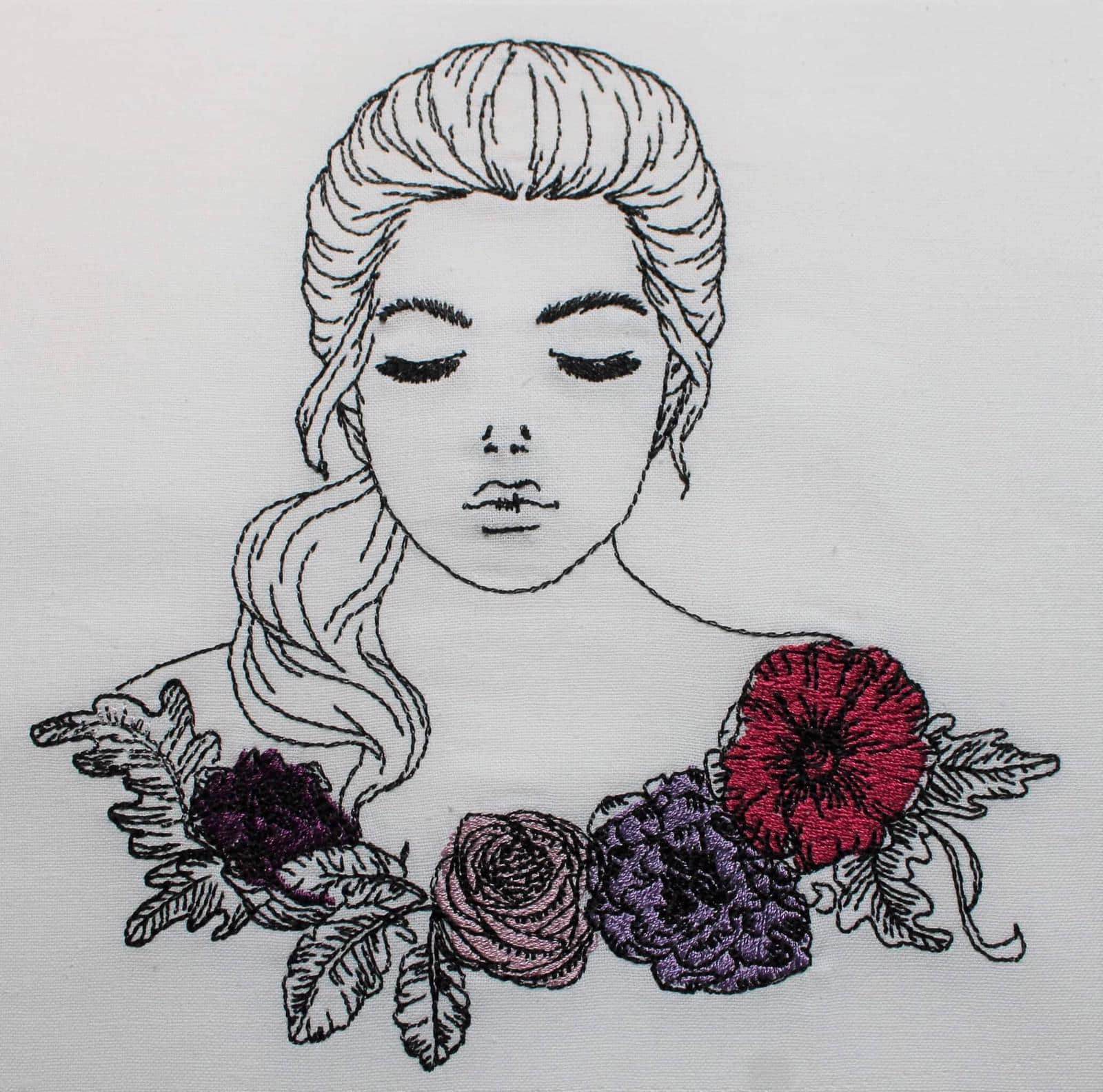 Doodle Frau Stickdatei – stille Anmut mit floraler Eleganz für deine Stickmaschine - Sewando