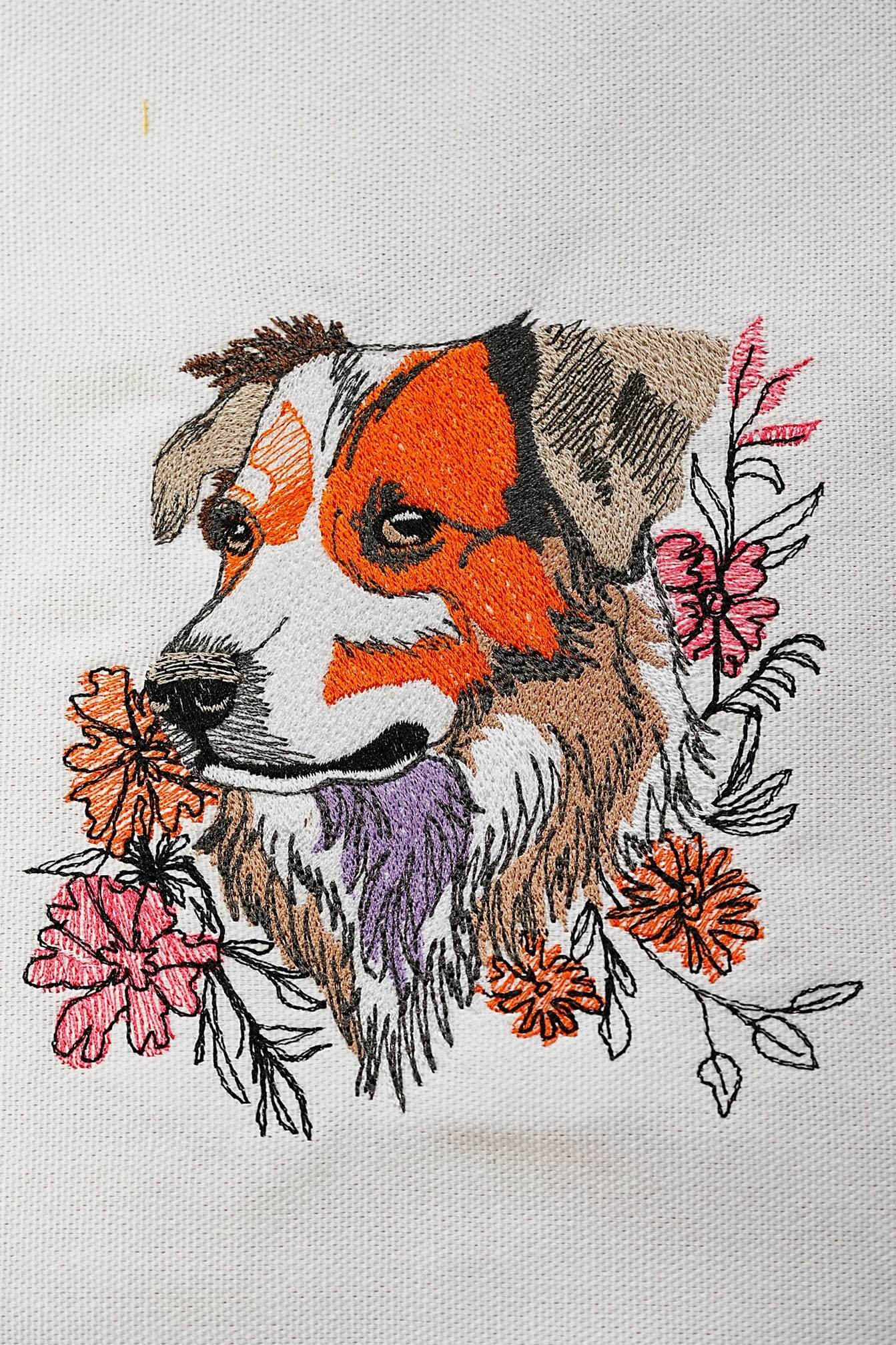 Hund Stickdatei – treuer Blick und Blumenzauber für deine Stickmaschine - Sewando