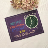 4x Stickdatei Wecker mit Spruch (deutsch) - Sewando