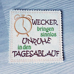 4x Stickdatei Wecker mit Spruch (deutsch) - Sewando