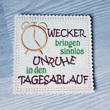 4x Stickdatei Wecker mit Spruch (deutsch) - Sewando
