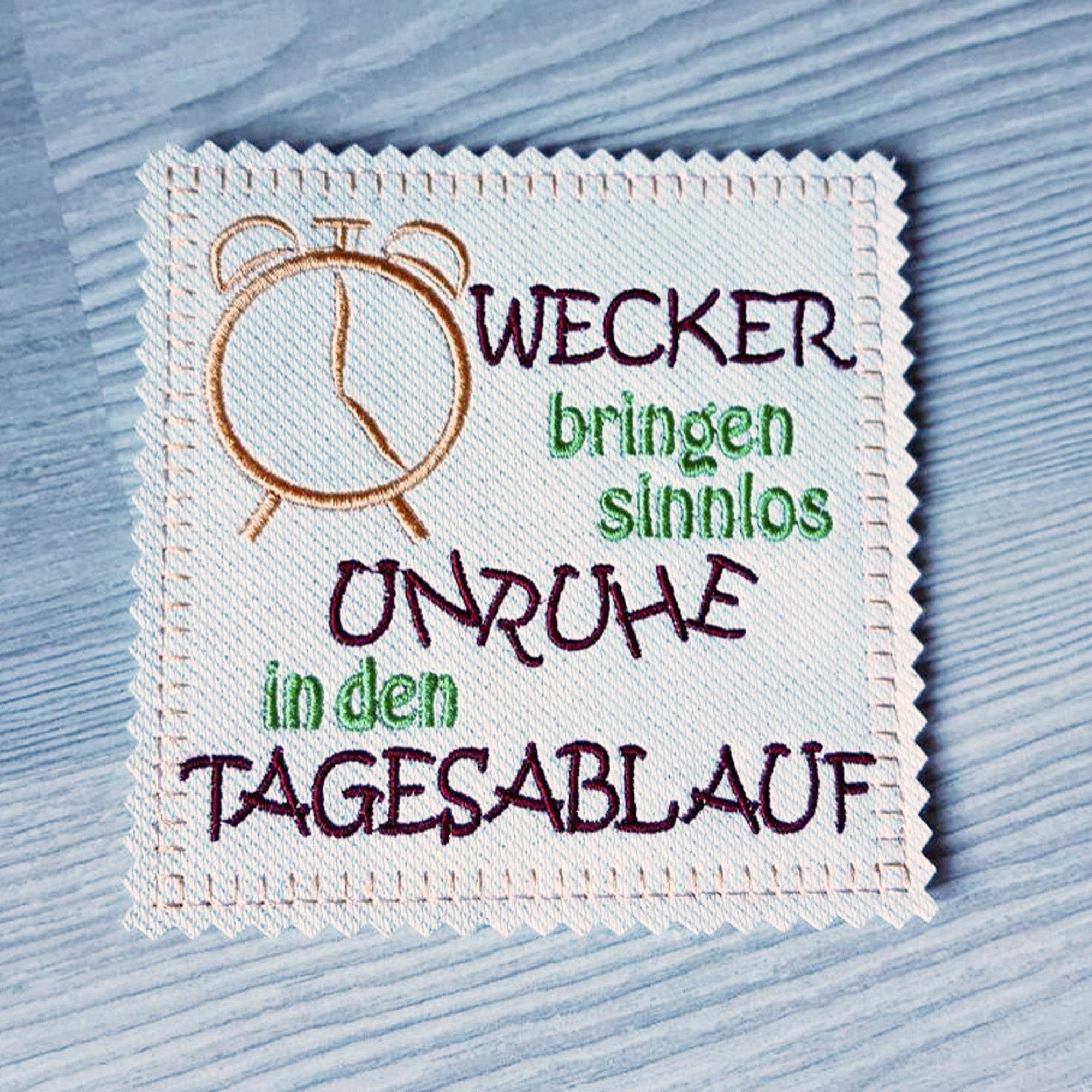 4x Stickdatei Wecker mit Spruch (deutsch) - Sewando