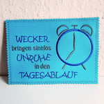 4x Stickdatei Wecker mit Spruch (deutsch) - Sewando