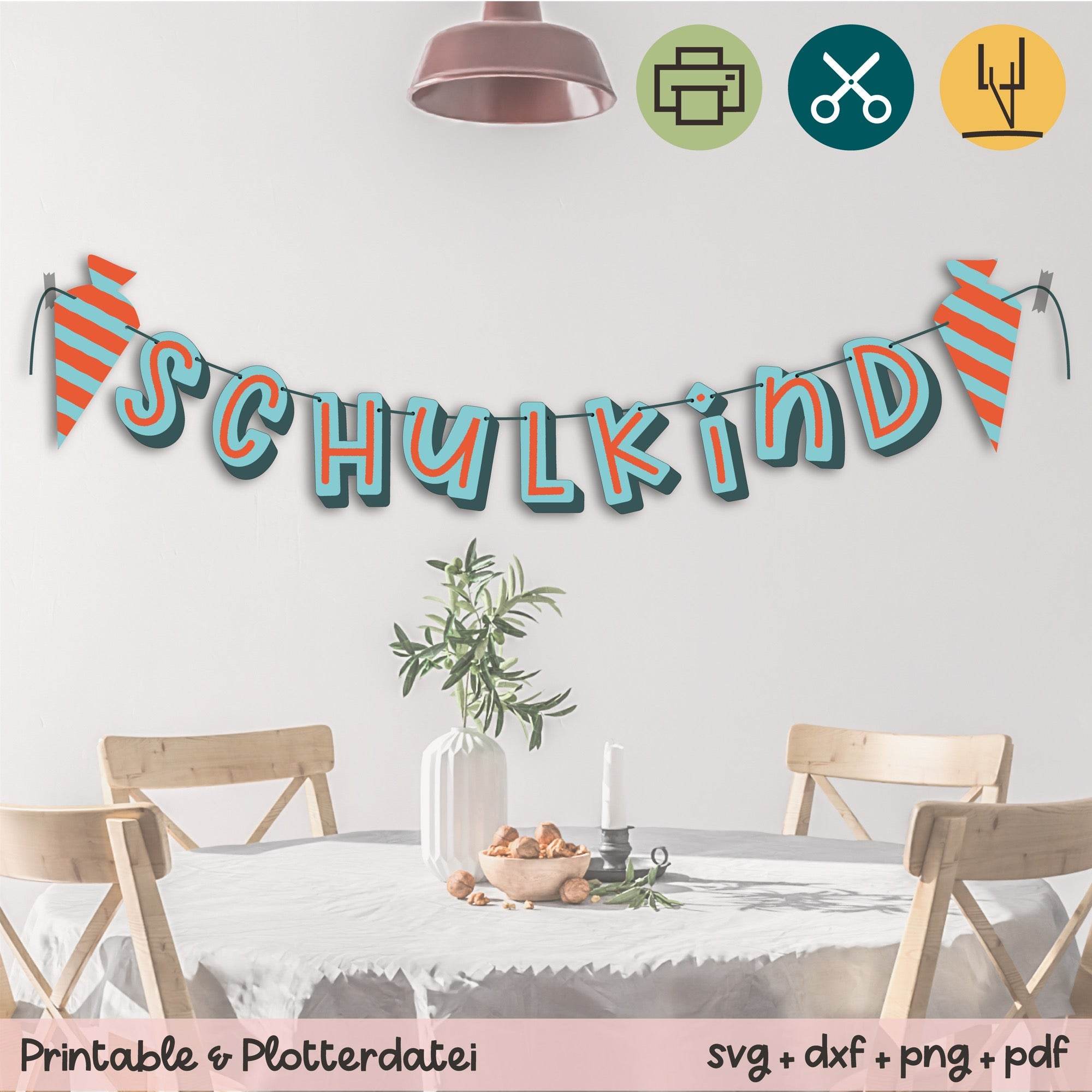 Girlande Schulkind rot / blau - Printable (Schere oder Plotter) - Sewando