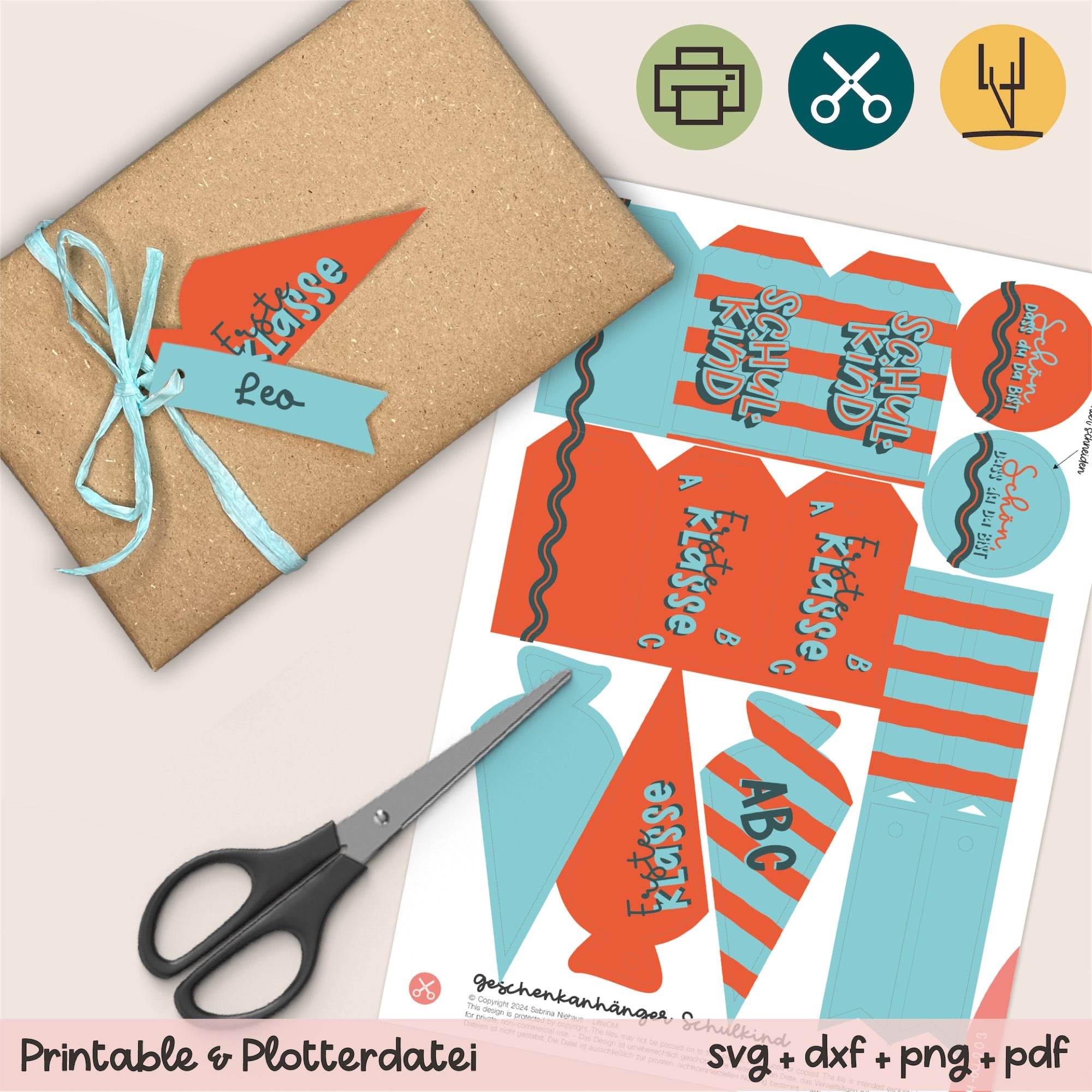 Geschenkanhänger Schulkind / 1. Klasse rot / blau - Printable (Schere oder Plotter) - Sewando