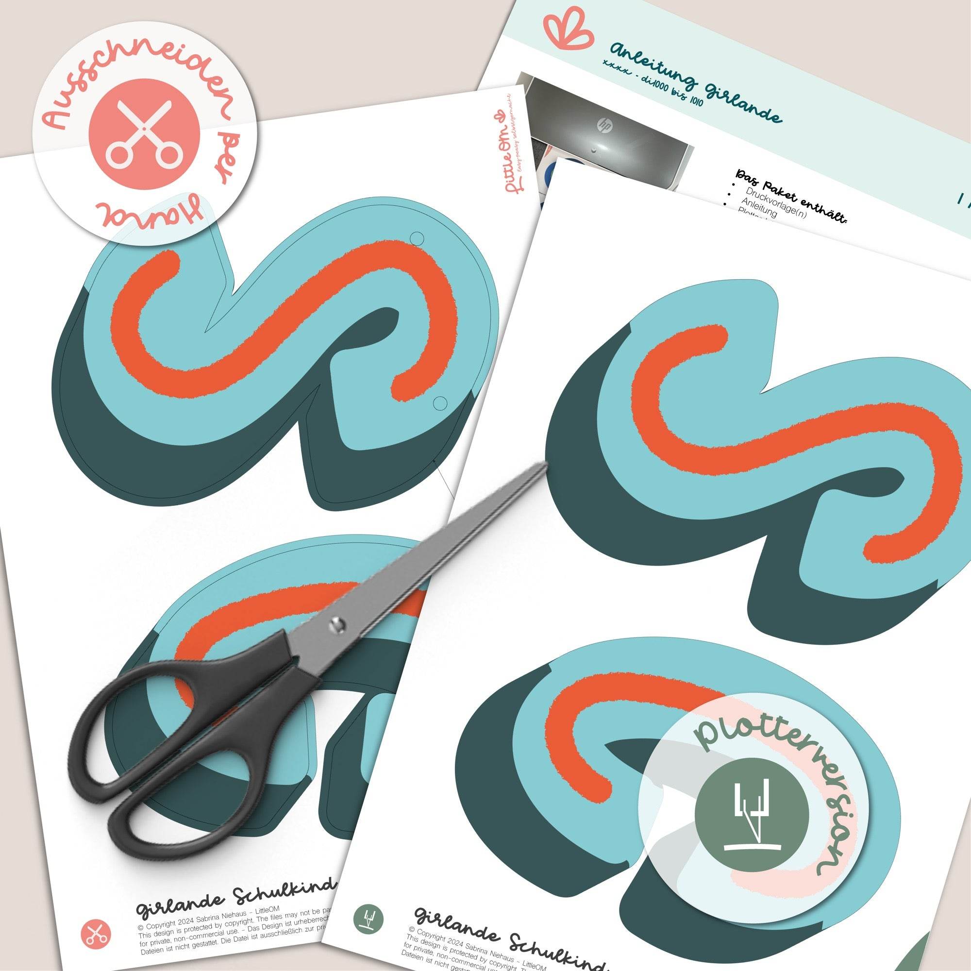 Girlande Schulkind rot / blau - Printable (Schere oder Plotter) - Sewando