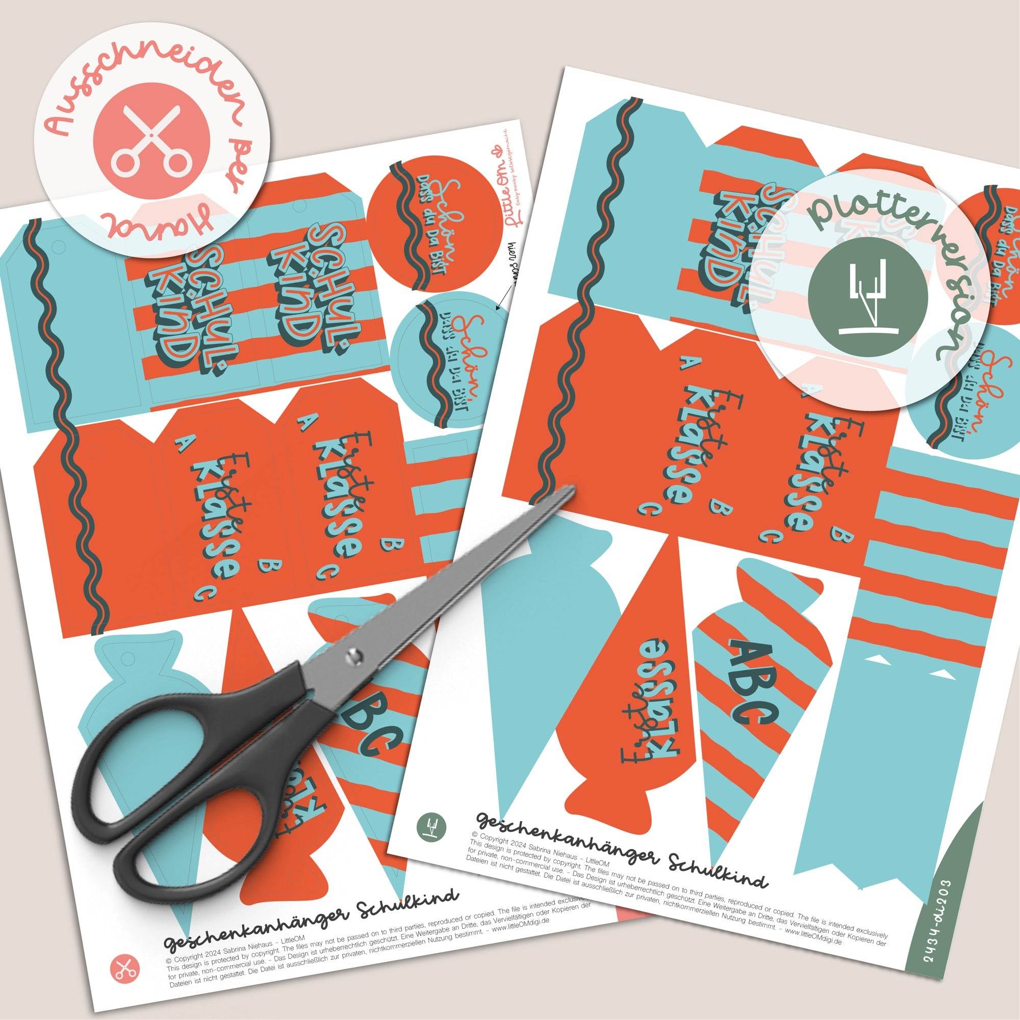 Geschenkanhänger Schulkind / 1. Klasse rot / blau - Printable (Schere oder Plotter) - Sewando