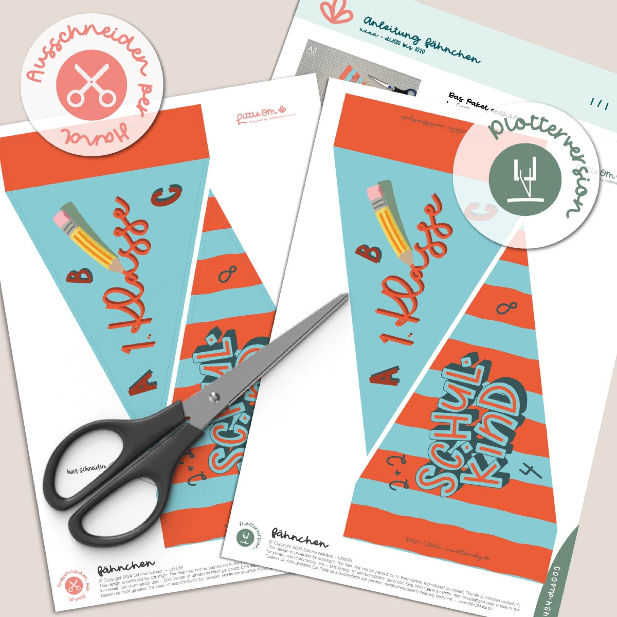 Deko Fähnchen 1. Klasse und Schulkind rot / blau - Printable - Sewando