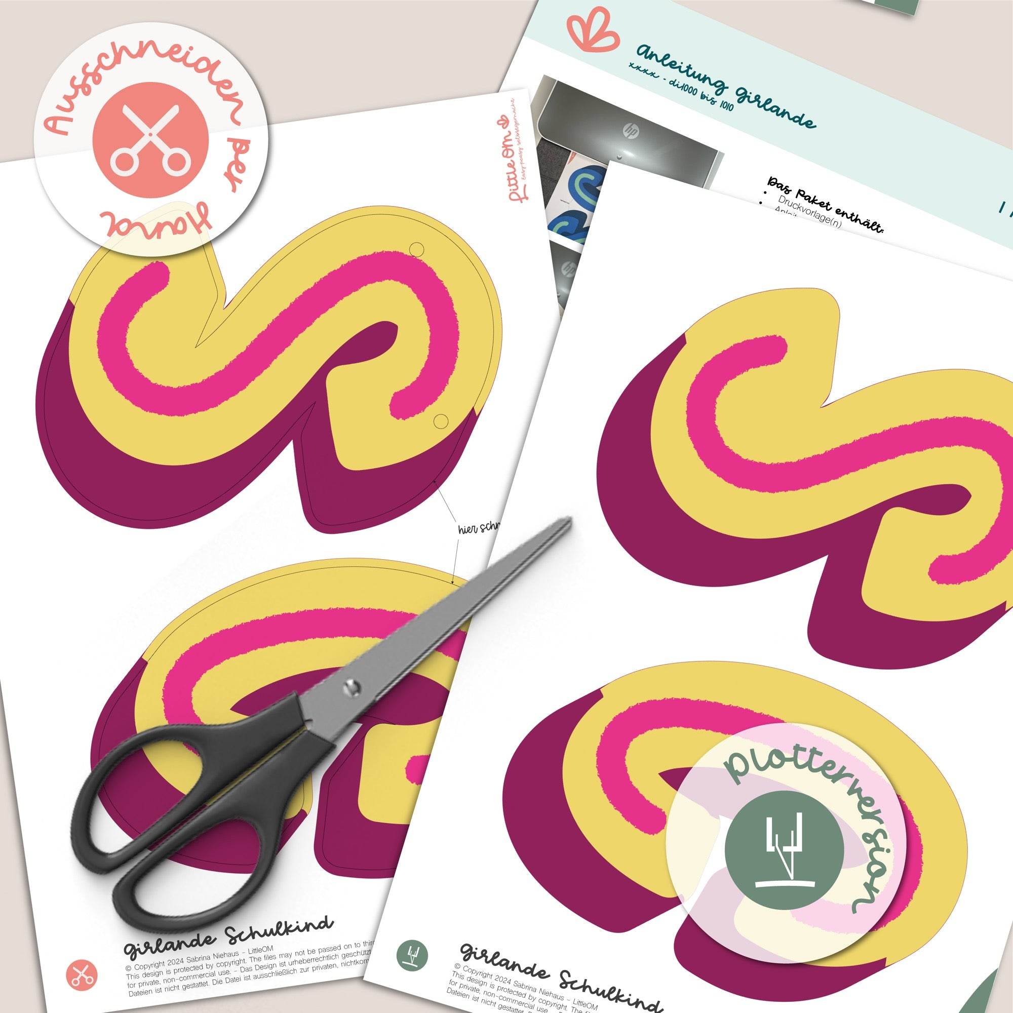 Girlande Schulkind pink / gelb - Printable (Schere oder Plotter) - Sewando