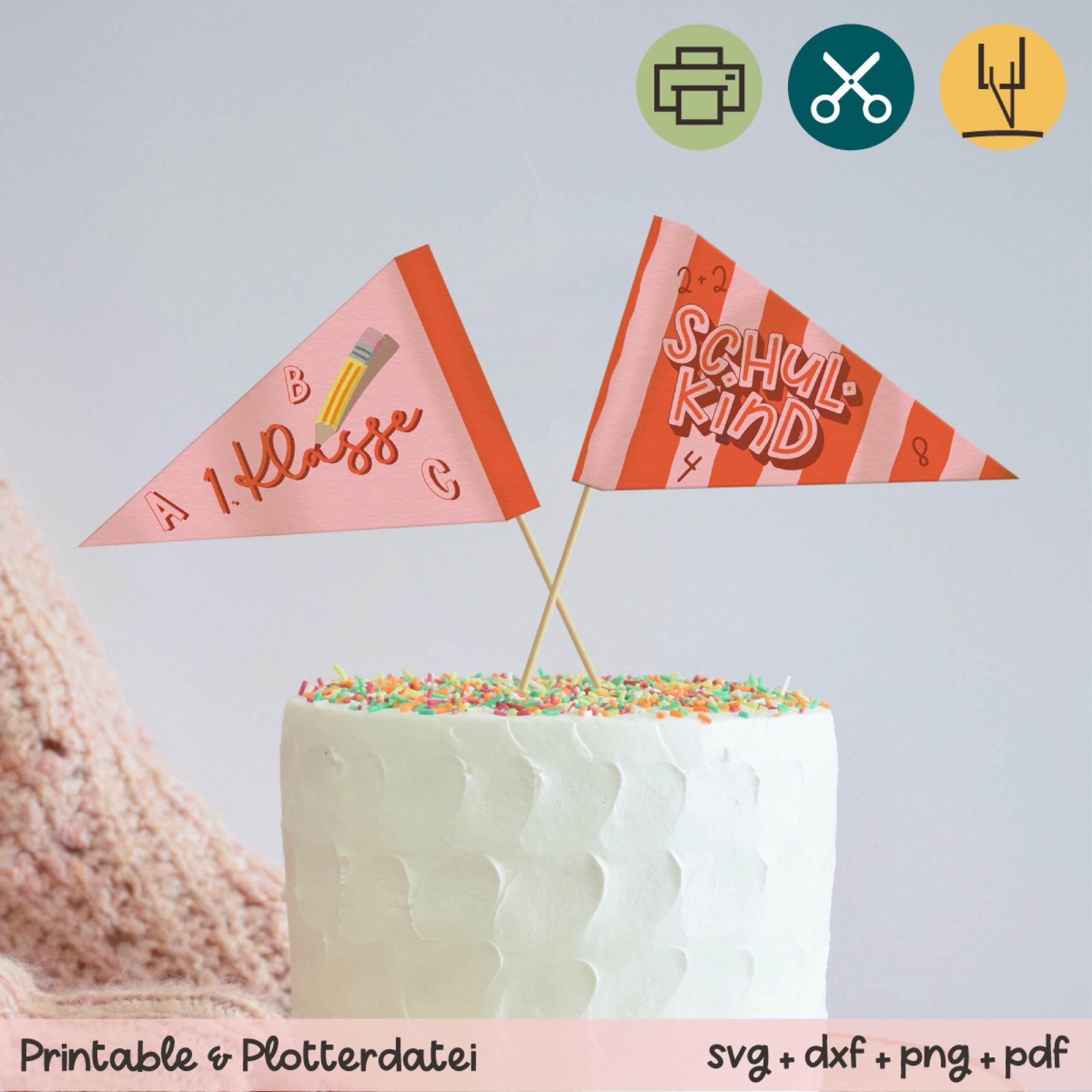 Deko Fähnchen 1. Klasse und Schulkind rot / rosa - Printable - Sewando