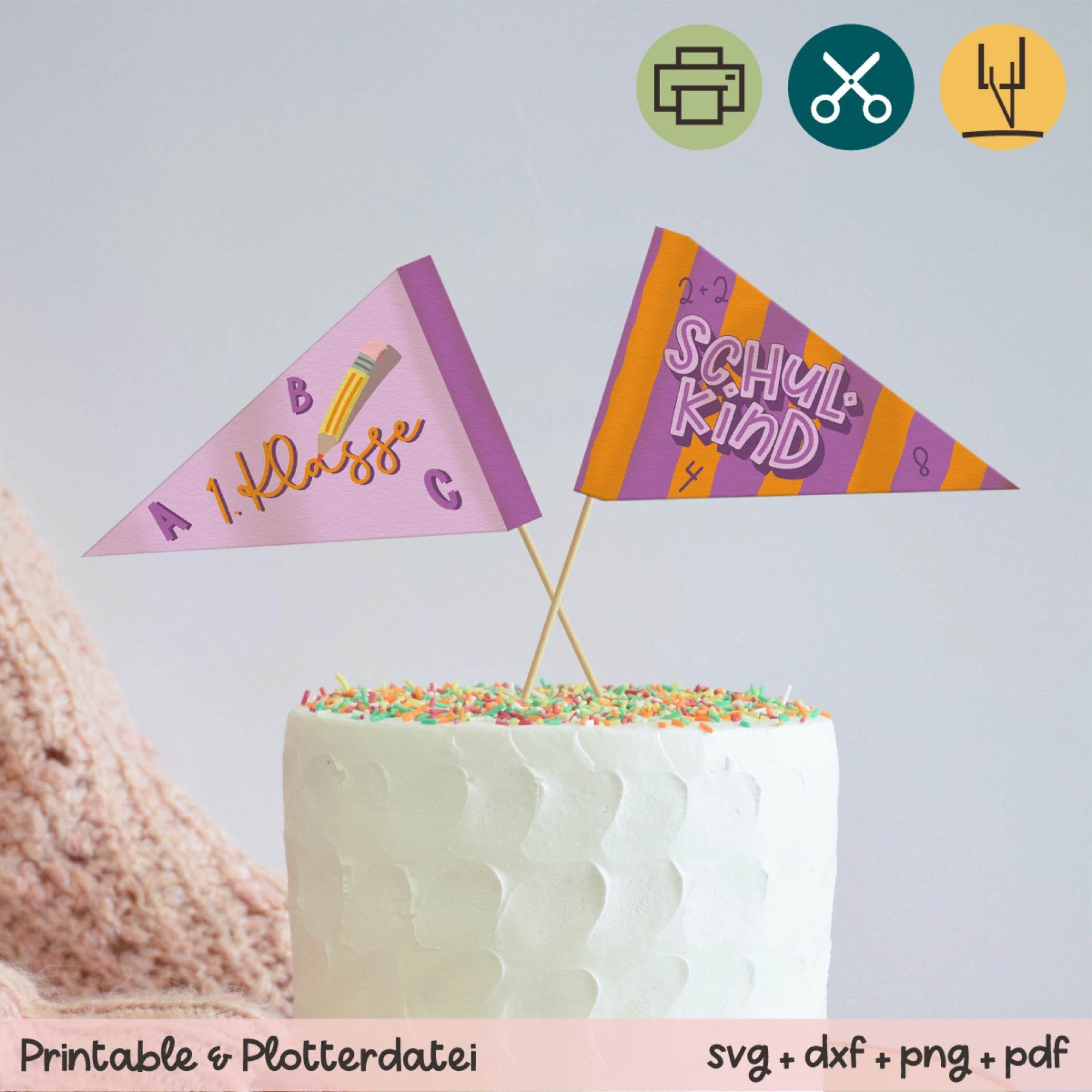 Deko Fähnchen 1. Klasse und Schulkind lila / orange - Printable - Sewando
