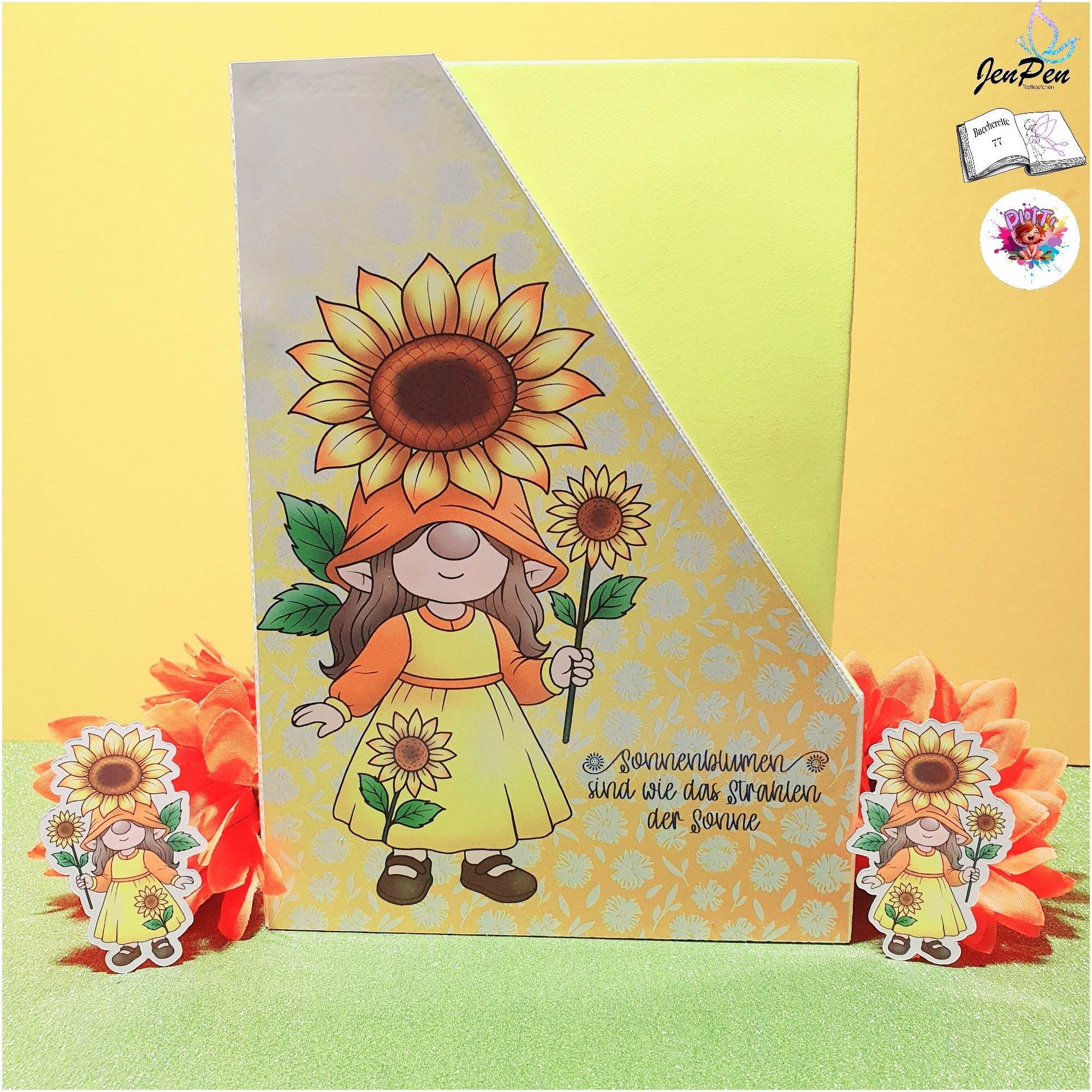 Plotterdatei Sonnenblumen Wichtel Gerda Sublimation, Digistamp, Digipaper ! - Sewando