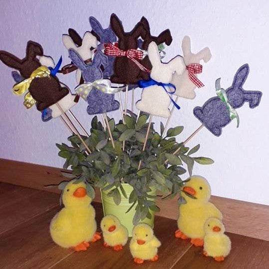 Stickdatei - ITH Blumenstecker / Stabfiguren Hase, Schmetterling und Vogel - Sewando