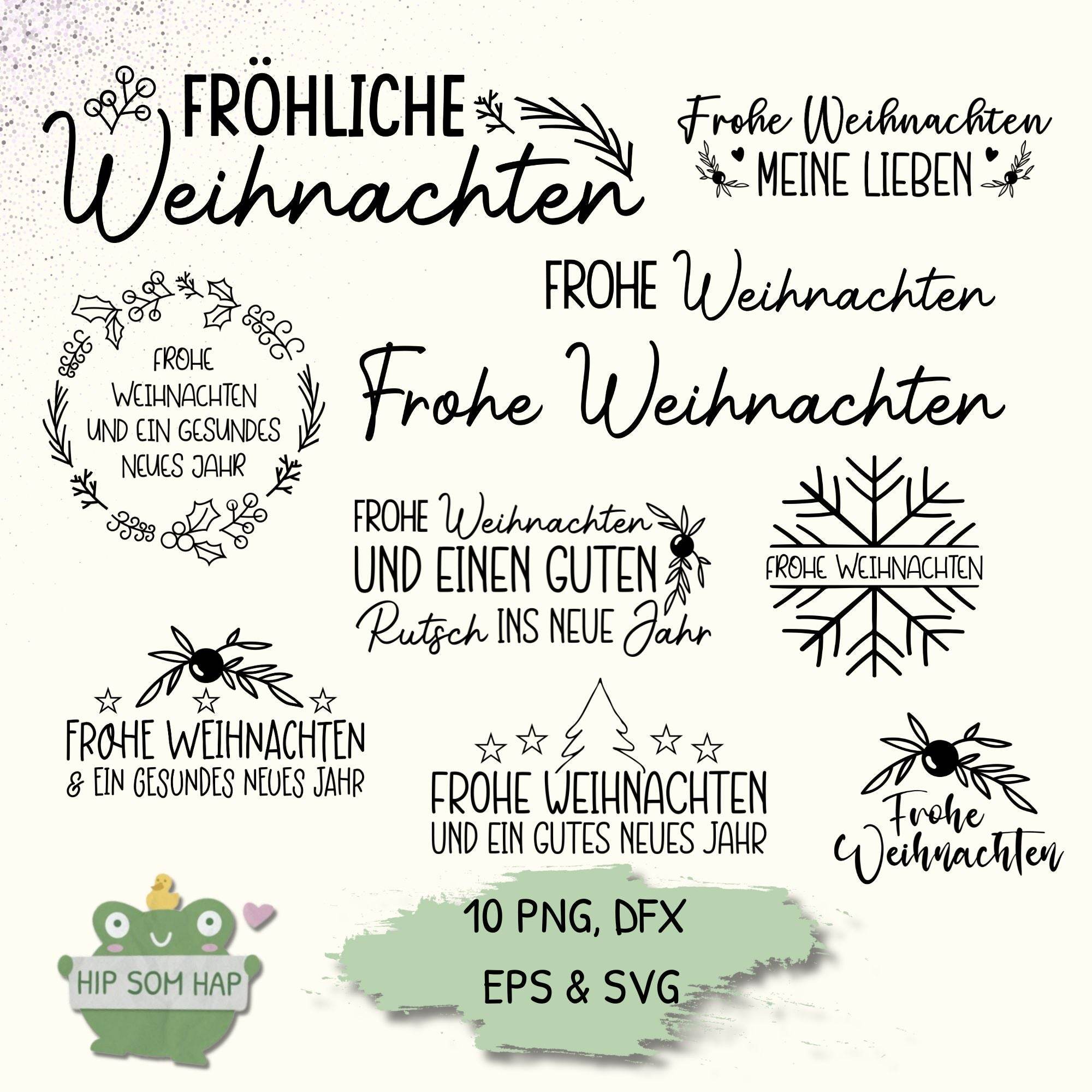 Weihnachts-Plotterdateien Set mit 10 festlichen Schriftzügen wie Frohe Weihnachten, Fröhliche Weihnachten und Guten Rutsch. Enthalten sind PNG, DXF, EPS und SVG Dateien – ideal für Cricut, Silhouette und DIY-Projekte.