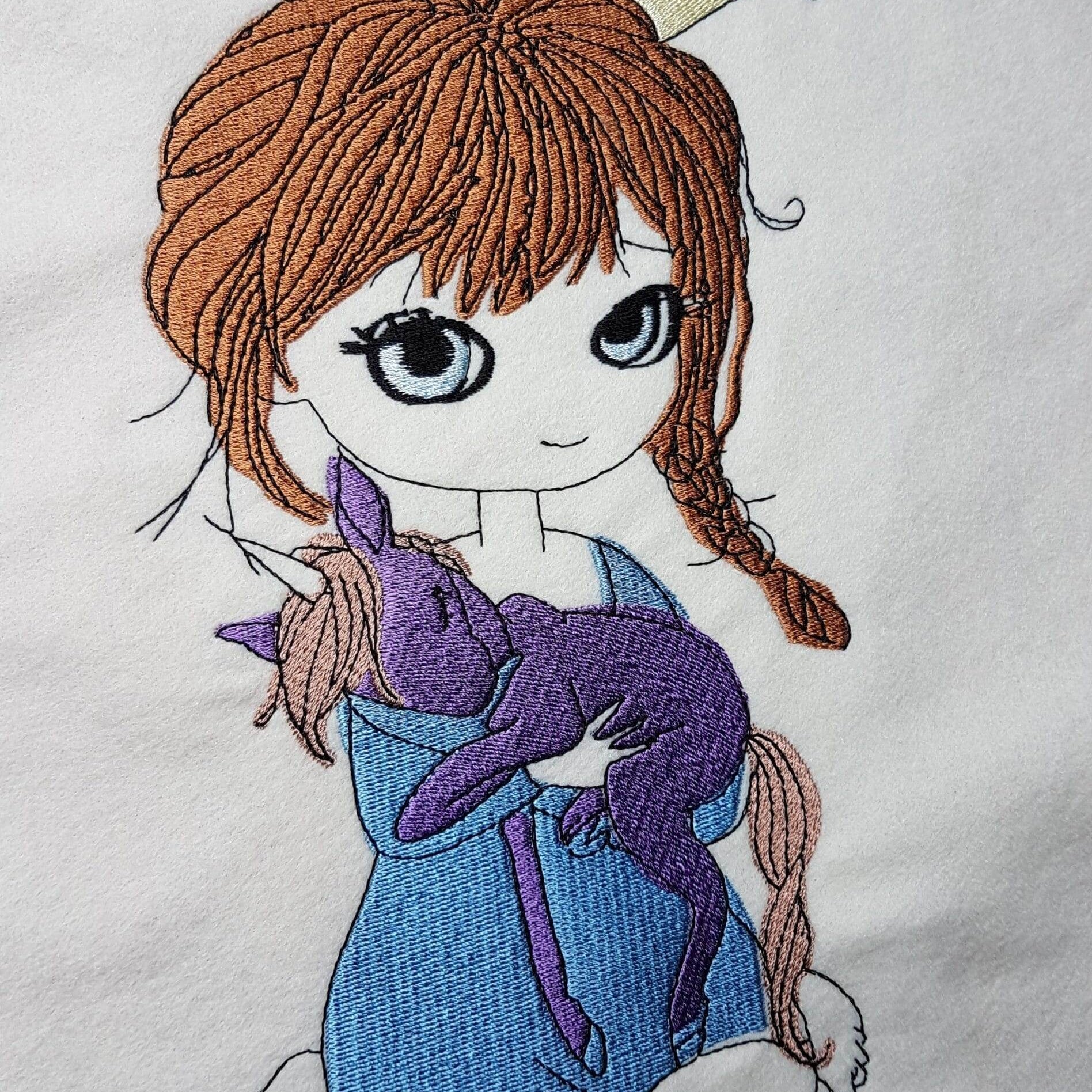 Doodle Mädchen mit Einhorn Stickdatei – magische Kuschelzeit für deine Stickmaschine - Sewando