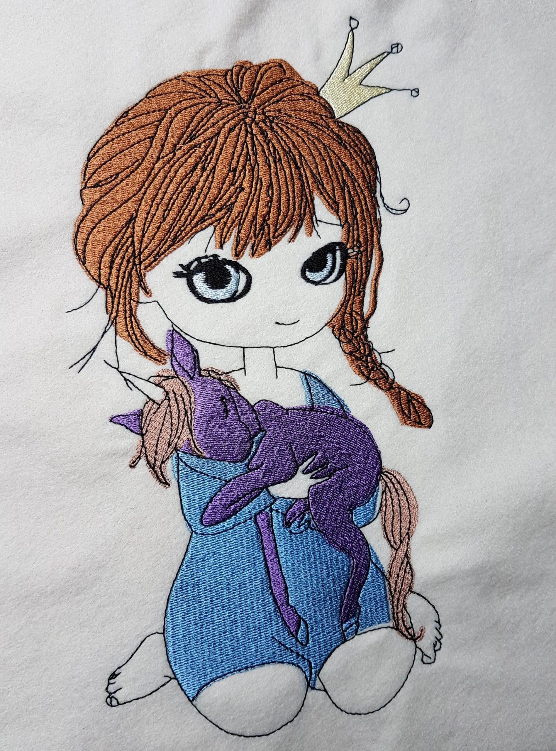 Doodle Mädchen mit Einhorn Stickdatei – magische Kuschelzeit für deine Stickmaschine - Sewando