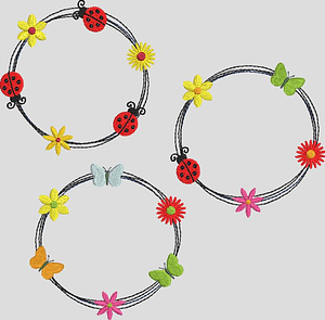 Stickdatei Doodle Rahmen Blumen Schmetterling Marienkäfer Set 600 - Sewando