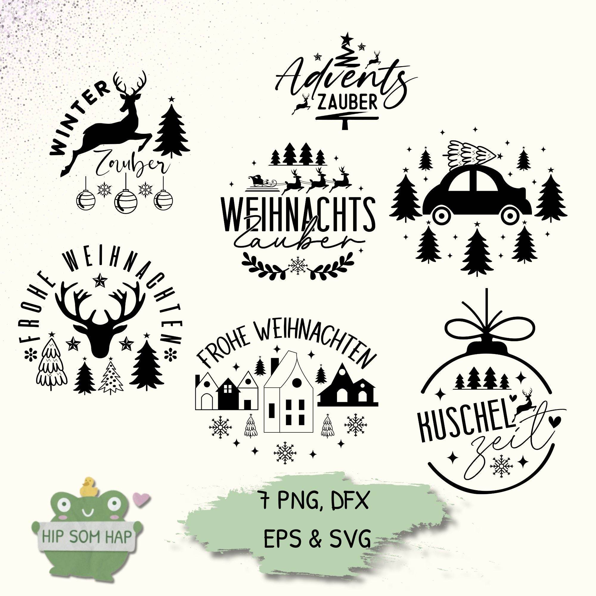 Weihnachts-Plotterdateien Set mit 7 festlichen Motiven und Schriftzügen wie Winterzauber, Adventszauber, Weihnachtszauber, Frohe Weihnachten und Kuschelzeit. Enthalten sind PNG, DXF, EPS und SVG Dateien – ideal für Cricut, Silhouette und DIY-Projekte.