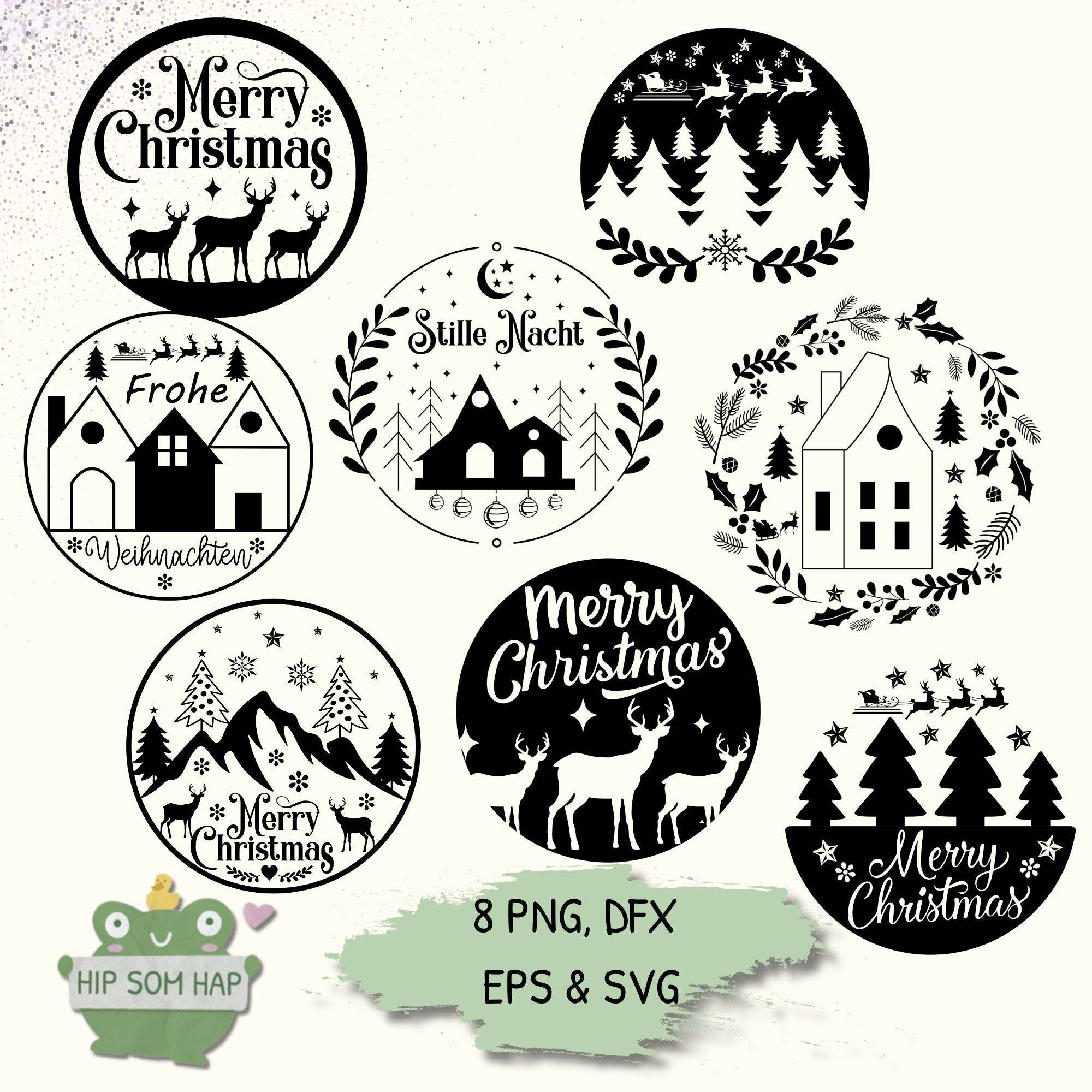 Weihnachts-Plotterdateien Set mit 8 runden Motiven wie Merry Christmas, Frohe Weihnachten und Stille Nacht. Enthalten sind PNG, DXF, EPS und SVG Dateien – ideal für Cricut, Silhouette und DIY-Projekte.