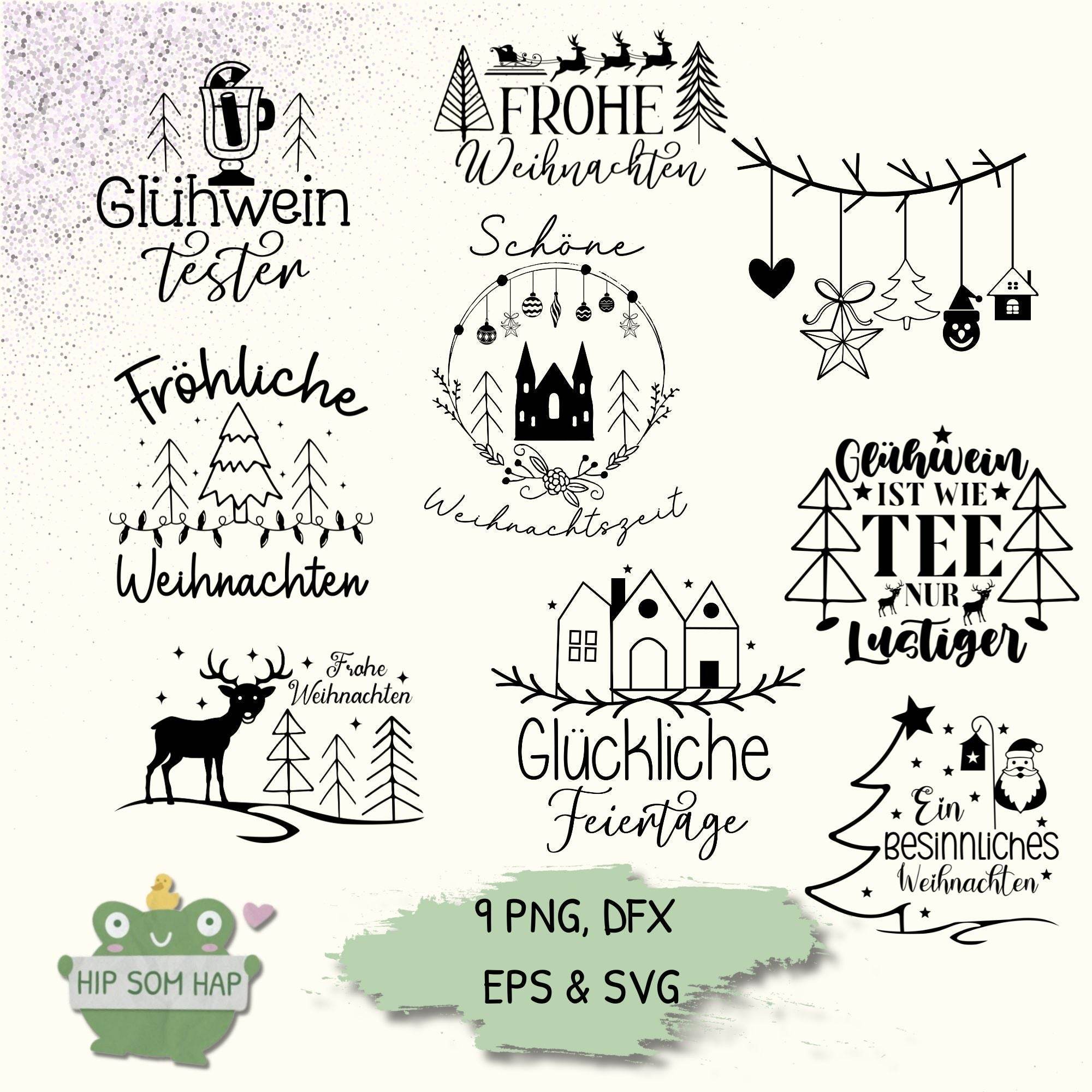 Weihnachts-Plotterdateien Set mit 9 festlichen Motiven und Sprüchen wie Frohe Weihnachten, Glückliche Feiertage, Schöne Weihnachtszeit und humorvollen Designs wie Glühwein Tester. Enthalten sind PNG, DXF, EPS und SVG Dateien – ideal für Cricut, Silhouette und DIY-Projekte.