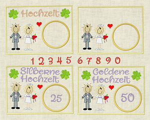 Stickdatei Hochzeit Mug Rug In the Hoop Set 653a Untersetzer Strichmännchen - Sewando