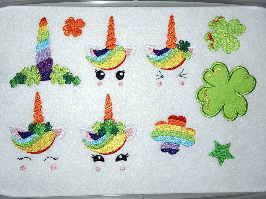 Stickdatei - Regenbogen Einhorn Gesichter Klee Glücksbringer - Sewando