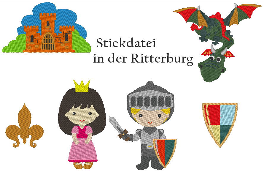 Ritter, Drache, Burg und Burgfraeulein Stickdatei - Sewando