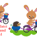 Hase und Igel auf dem Fahrrad Stickdatei - Sewando
