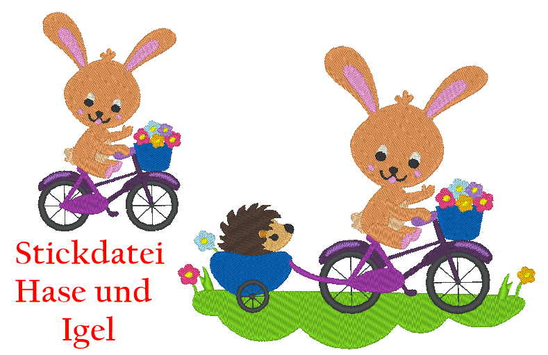 Hase und Igel auf dem Fahrrad Stickdatei - Sewando