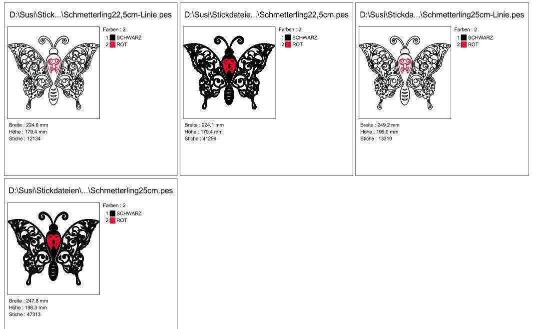 Stickdatei - Schmetterling Linie und Schnoerkel Blumen Silhouette - Sewando
