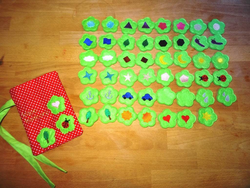 Stickdatei fuer ein Mega-Memory-Spiel mit Beutelchen ITH - Sewando