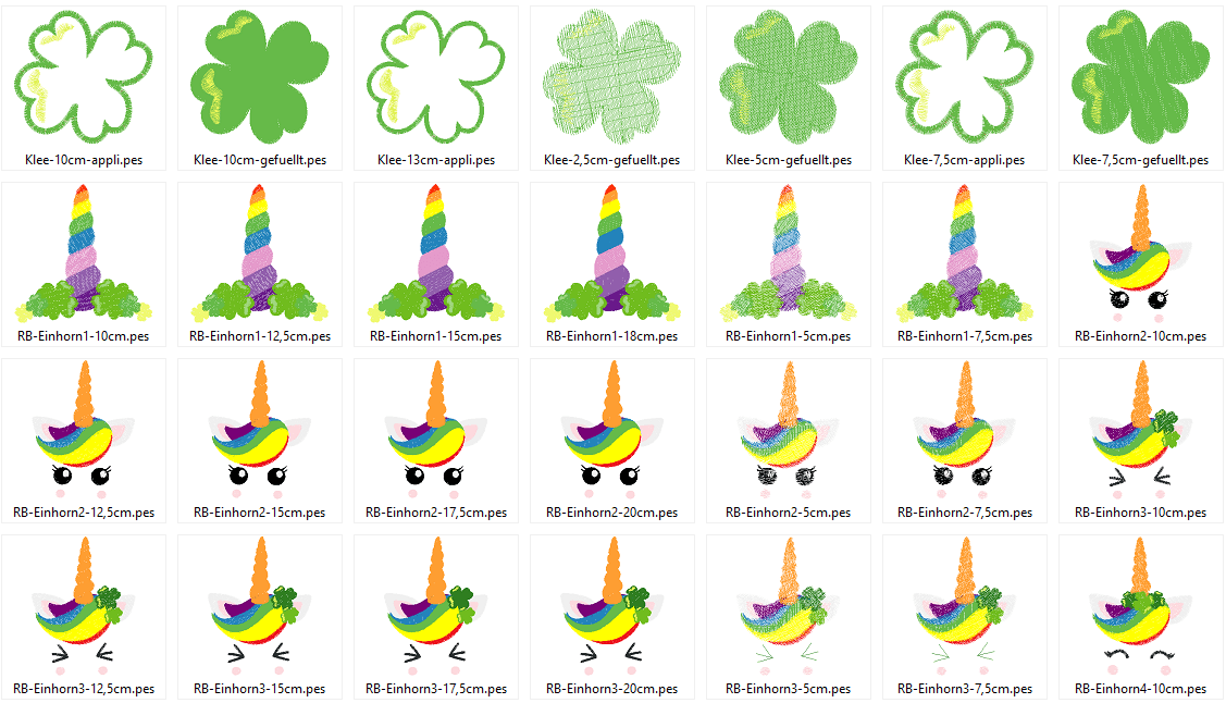 Stickdatei - Regenbogen Einhorn Gesichter Klee Glücksbringer - Sewando