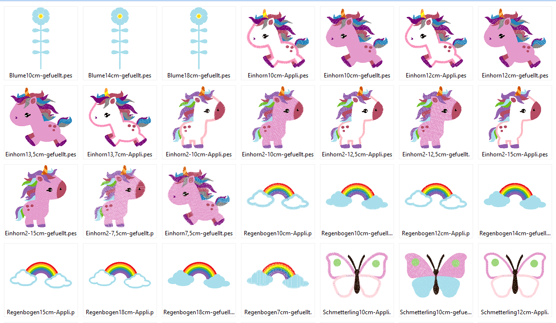 Stickdatei Einhorn und Schmetterling mit Regenbogen - Sewando