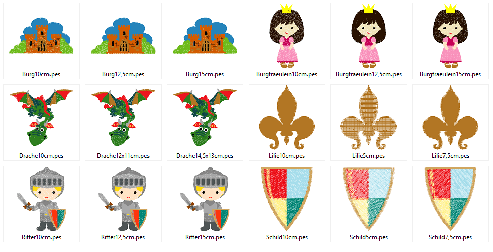 Ritter, Drache, Burg und Burgfraeulein Stickdatei - Sewando
