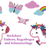 Stickdatei Einhorn und Schmetterling mit Regenbogen - Sewando