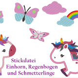 Stickdatei Einhorn und Schmetterling mit Regenbogen - Sewando