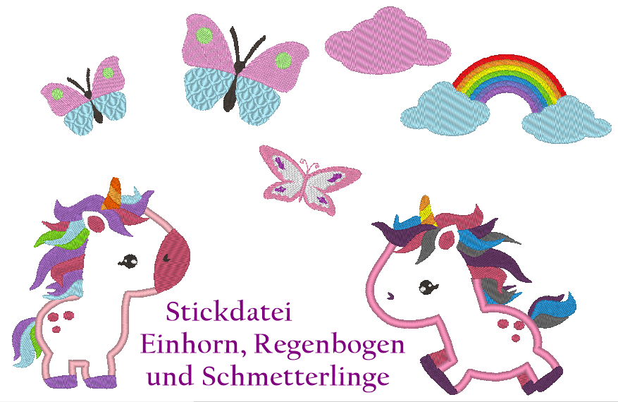 Stickdatei Einhorn und Schmetterling mit Regenbogen - Sewando