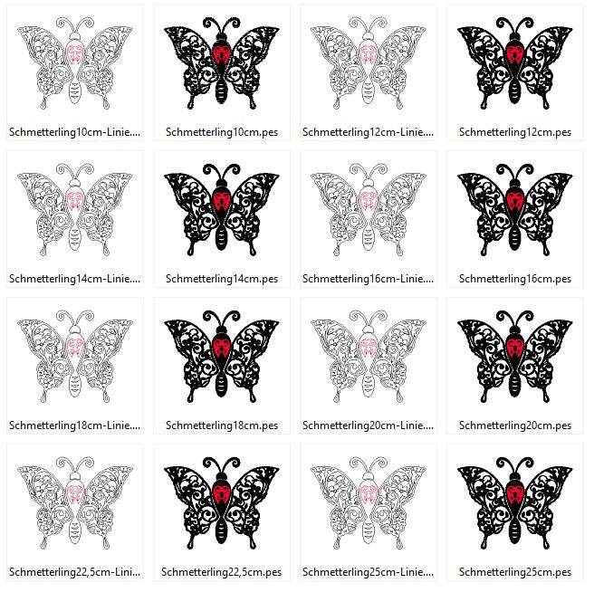 Stickdatei - Schmetterling Linie und Schnoerkel Blumen Silhouette - Sewando