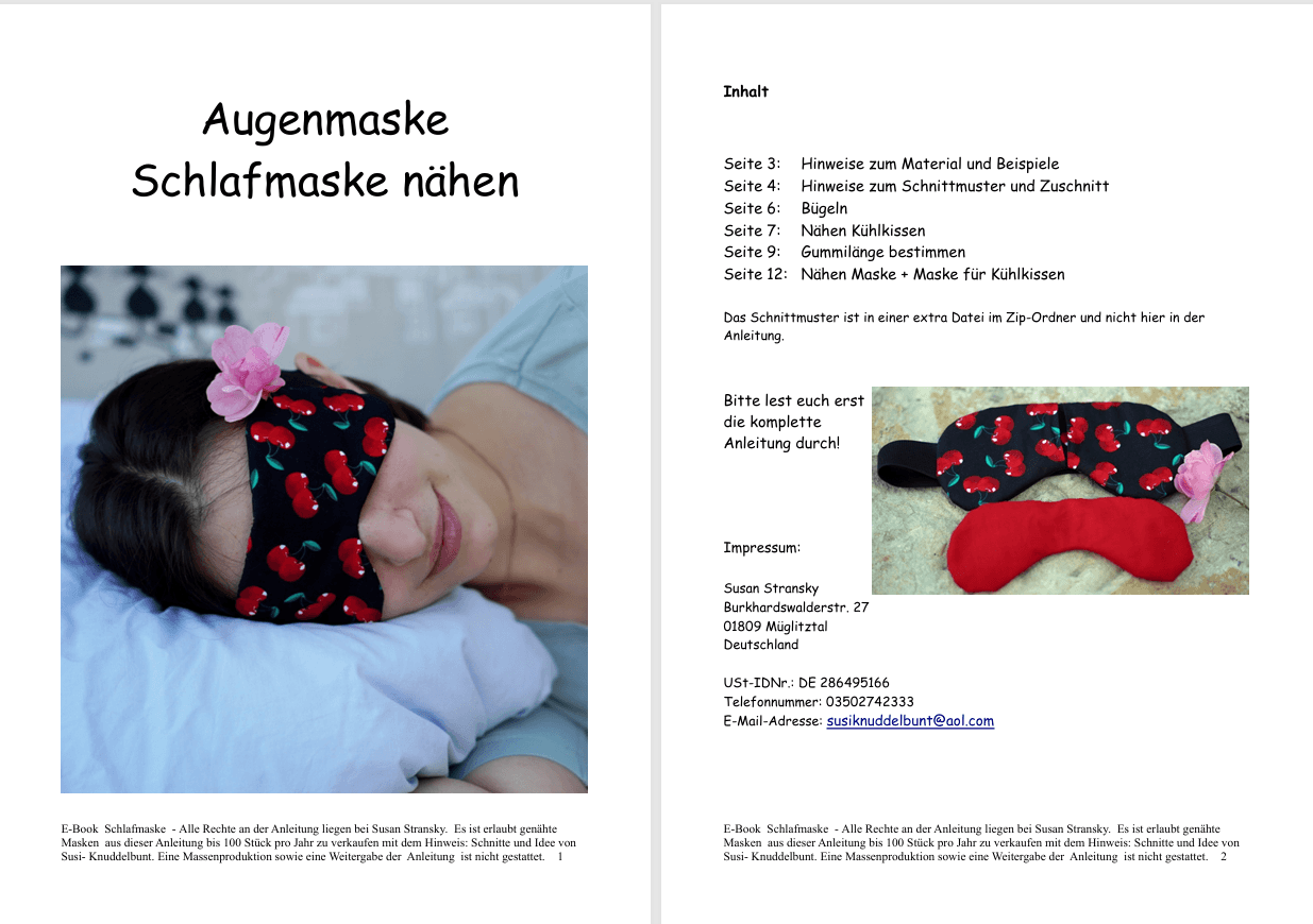 E-Book - Maske Schlafmaske nähen für Anfänger Kühlkissen möglich - Sewando