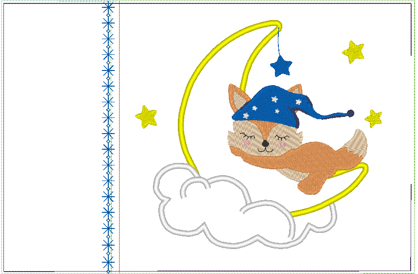 Stickdatei - Fuchs auf dem Mond Kissen und Laetzchen SET ITH - Sewando