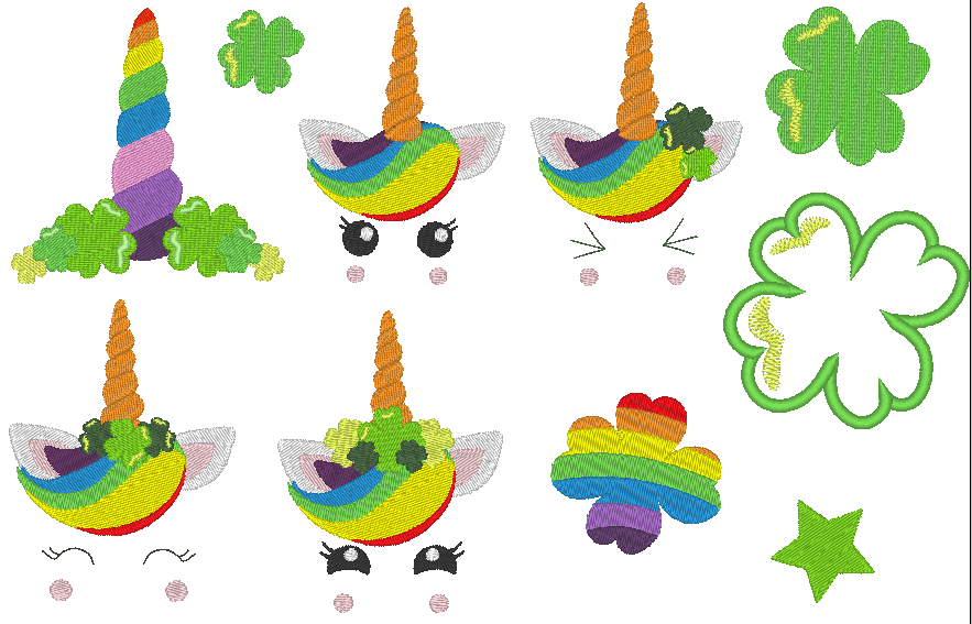 Stickdatei - Regenbogen Einhorn Gesichter Klee Glücksbringer - Sewando