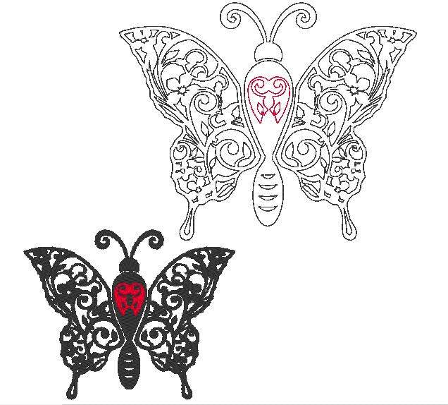 Stickdatei - Schmetterling Linie und Schnoerkel Blumen Silhouette - Sewando